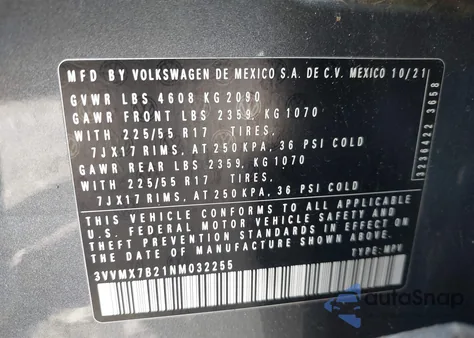 2022 Volkswagen Taos 1.5T S z USA, uszkodzony, nr VIN 3VVMX7B21NM032255
